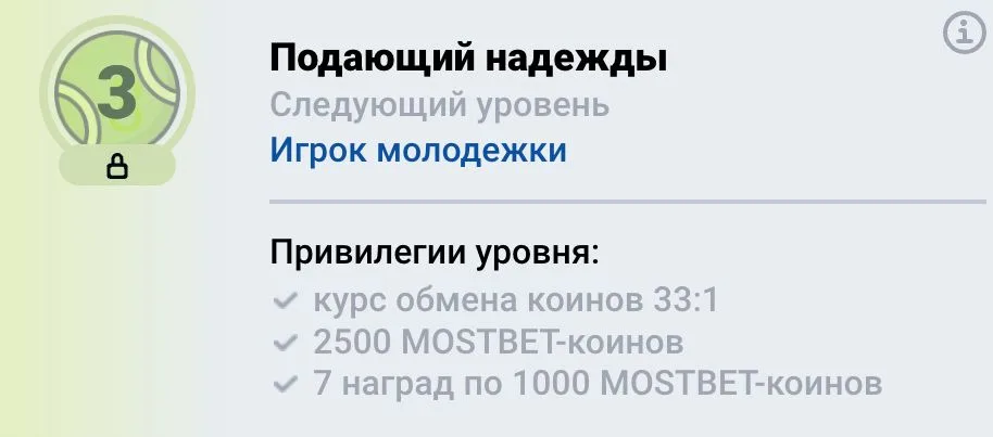 Уровень Подающий надежды в программе лояльности: курс обмена 33:1, 2500 коинов и 7 наград