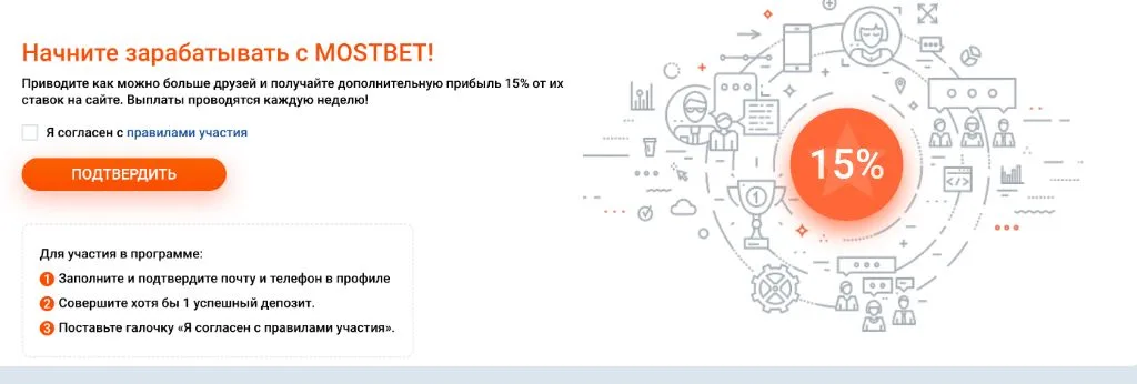 Реферальная программа с вознаграждением 15 процентов от ставок приглашённых друзей